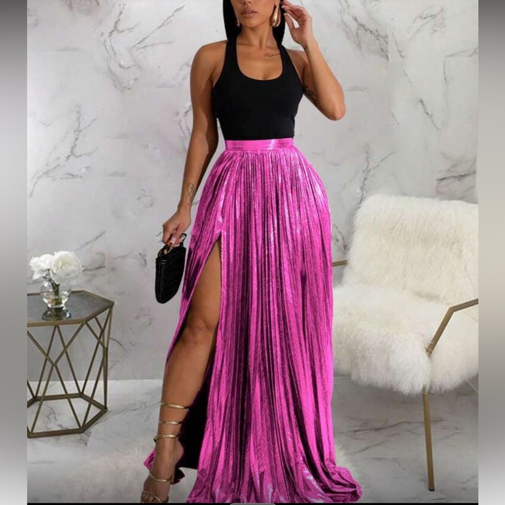 Metallic Pink Pleated Maxi Skirt with High Slit